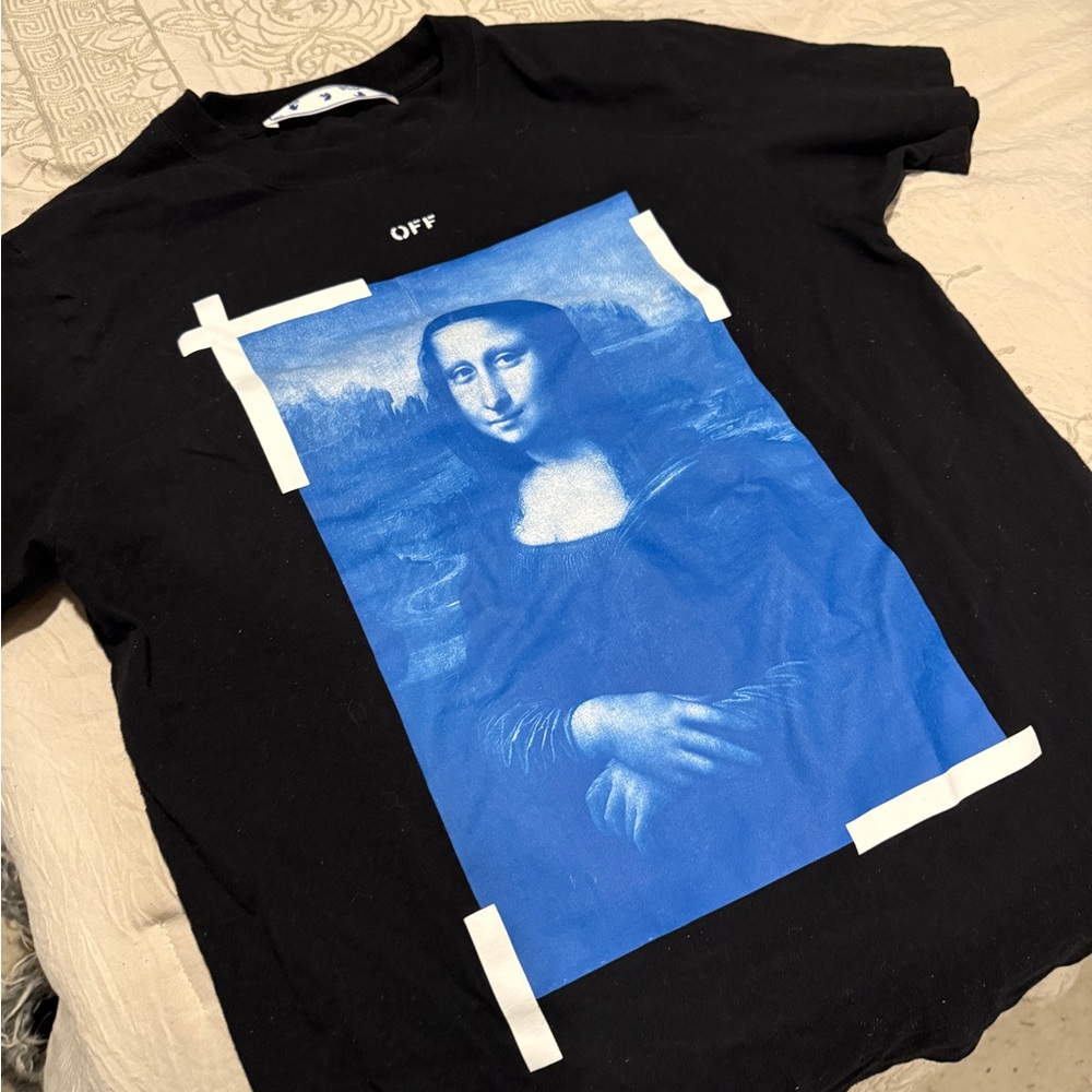 Off-White Black Tee with Blue Mona Lisa Print